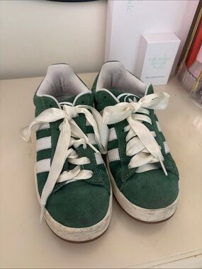 adidas campus  Green Suede Sneakers with White Stripes and Satin Laces